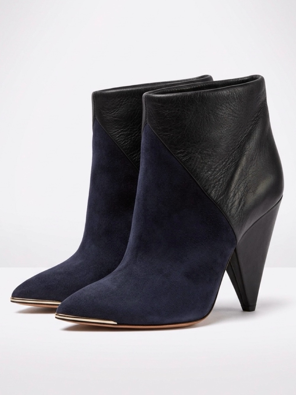 IRO Daithy Suede&Leather Metal Tipped Ankle Boots, pyramid heel, blk, 40, EUC